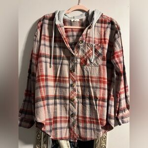 Maurices Red and Gray Plaid Button Down Shirt with Hood